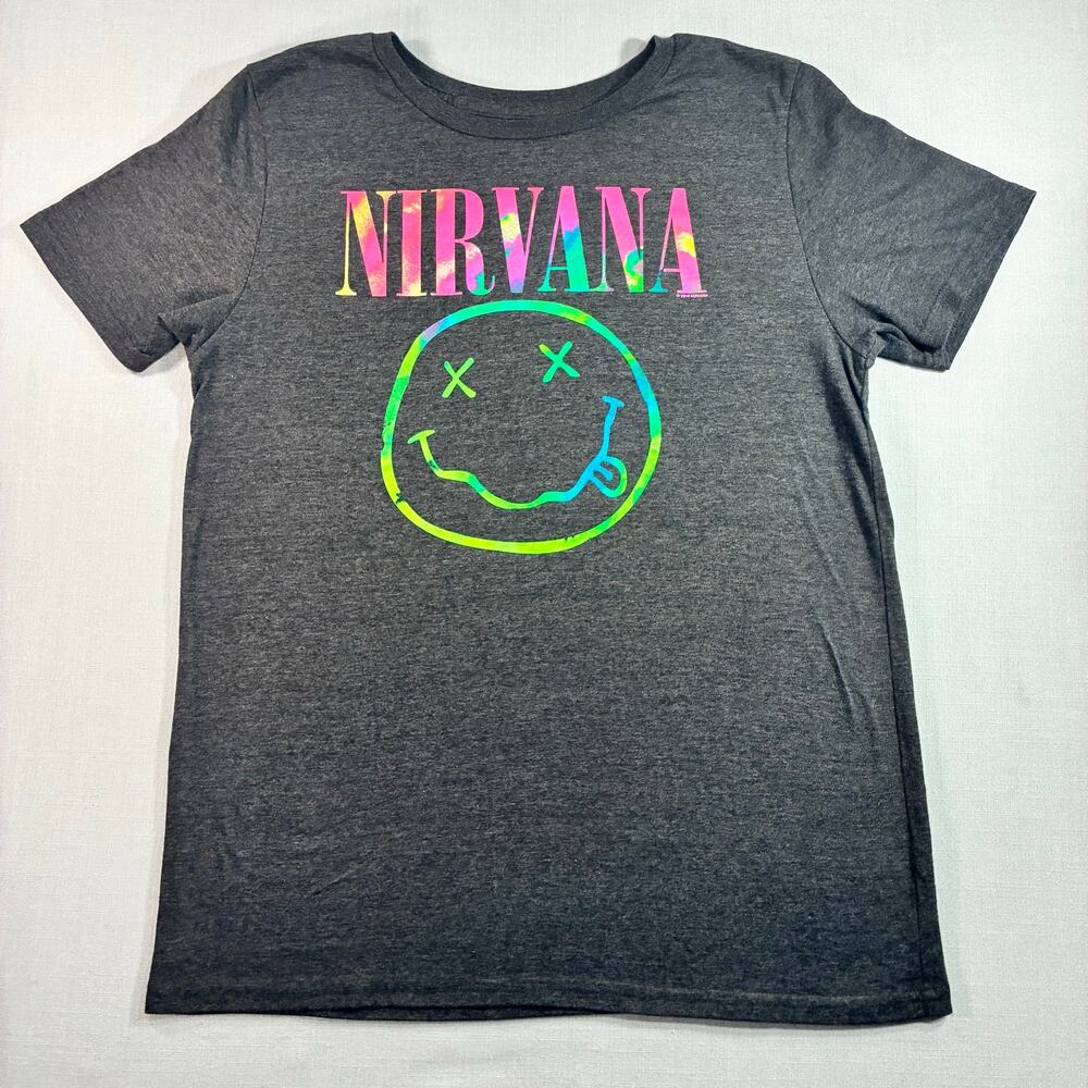 Nirvana Smiley Face Band T-Shirt Women's Large Gray Tie Dye Graphic Tee